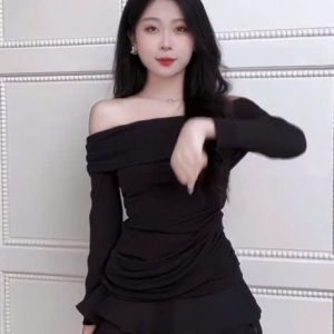 Đầm trễ vai tay dài phối tơ tầng ( cotton giấy phối tơ ) K6061