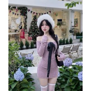 Đầm len đũa trễ vai tay dài K4223