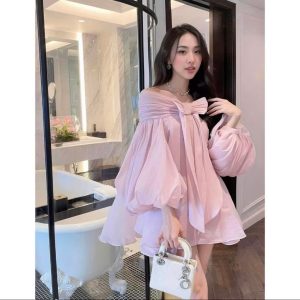 Đầm trễ vai, phối nơ tay phồng dáng Babydoll K4119