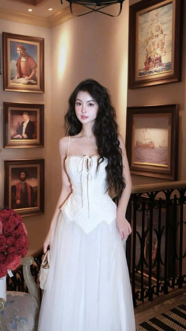 Set tk ccúp ngực tiểu thư váy lưới xoè K6075