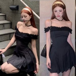 Đầm kẻ sọc trễ vai ren K5559