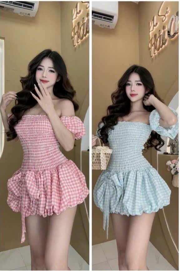 Đầm caro bí nhúng kèm tay bí phồng K5593