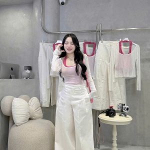 Set áo chồng cổ + áo cổ U thun giấy tay dài K6353