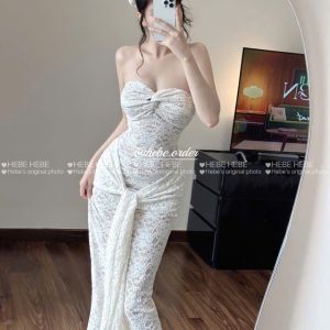 Đầm cúp xoắn ngực ren dáng dài K6289