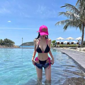 Set bikini dây đôi hồng/beo K6346
